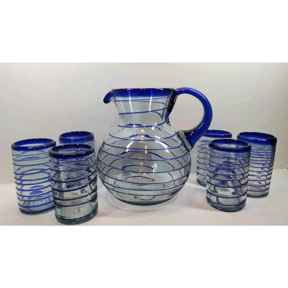 Hand Blown Cobalt & Clear Glass Swirl Pitcher & Glasses 7 Pc Set Made in Mexico
